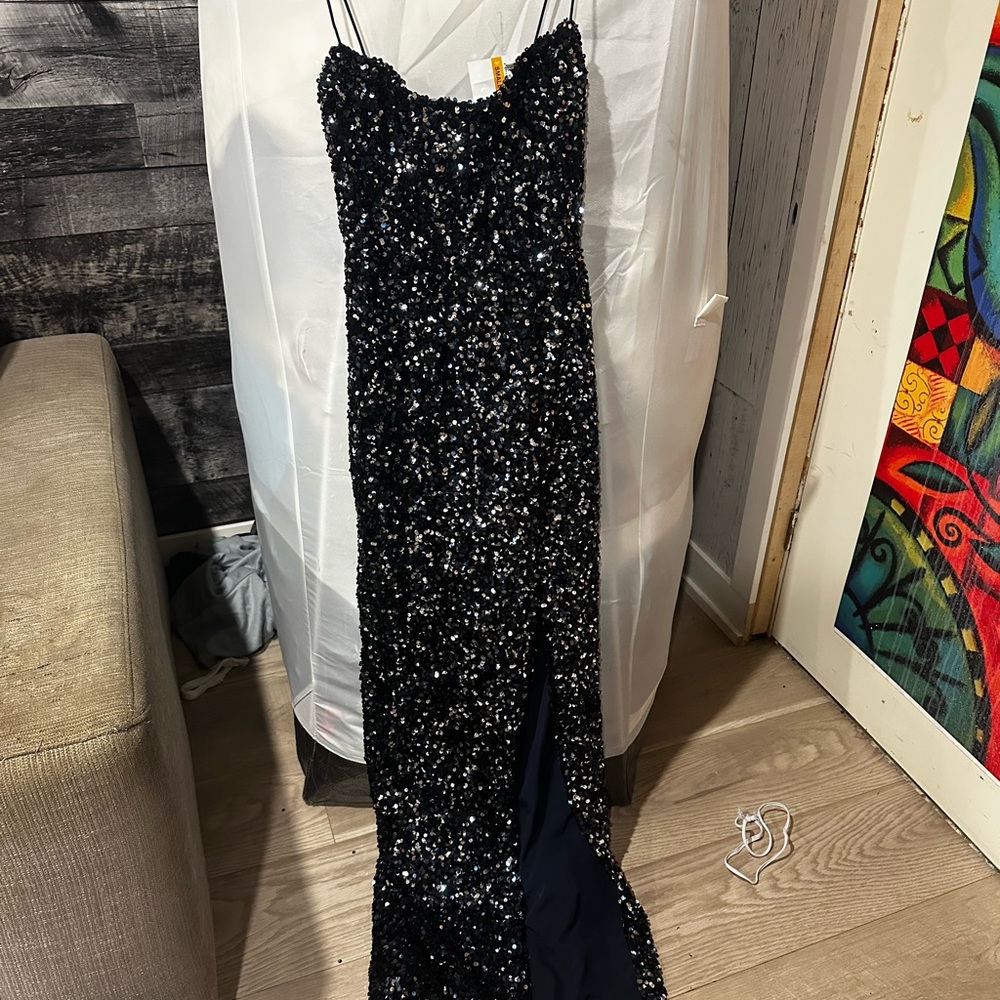 Nookie navy Sequin Gown with Spaghetti Straps